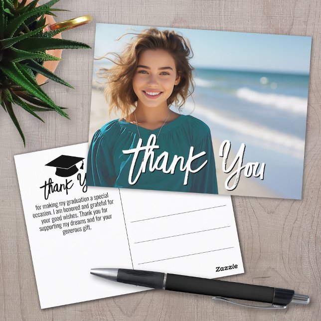 Examens Tack med Foto - Skript Vit Vykort (Graduation Thank You Postcard)