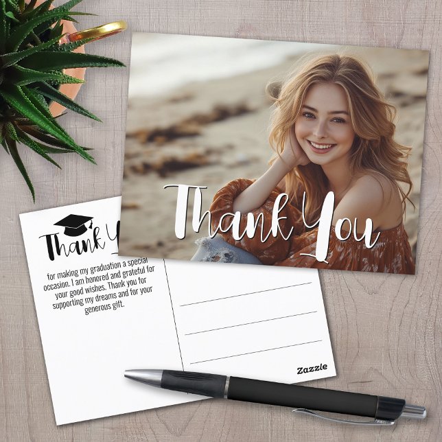 Examens Tack med Foto - Skript Vitt Vykort (Graduation Thank You Postcard)