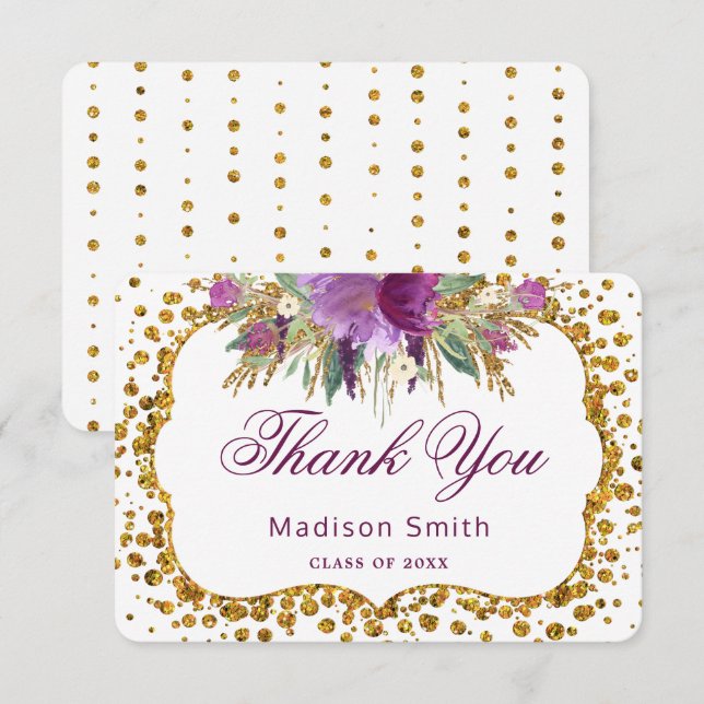 Examens Tacksamt Blommigt Guld Glitter Konfetti Inbjudningar (Fram/baksida)