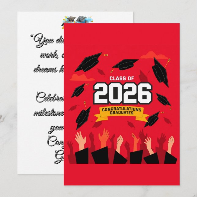 Examensexamensfirande kort för årskullen 2026 ("Raise your hands high")