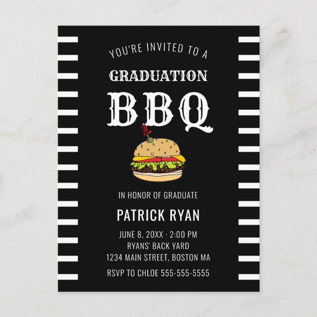 Examensfest BBQ-firande Svart Vit Randig Inbjudan (Framsida)