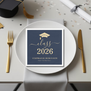Examensfest för klassen 2026 i marinblått och guld pappersservett