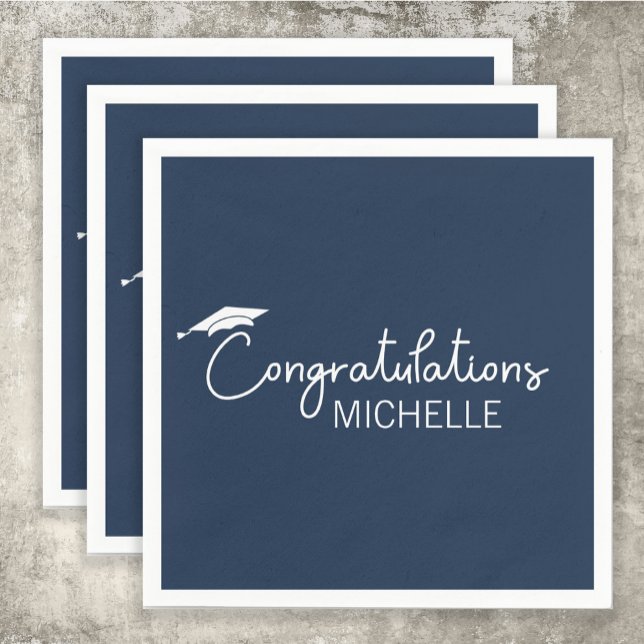 Examensfirande Grattis Marinblå Vit Skrift Pappersservett (Navy blue and white graduation party paper napkin)