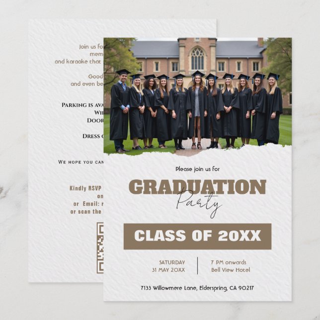 🎓Examensfirande med QR-kod Klassårsfoto Inbjudan  (Fram/baksida)