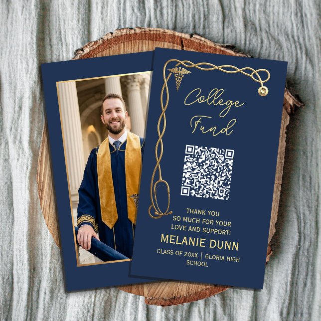 Examensfond Navy Blue & Gold Medicinsk examen Visitkort (College fund Navy Blue & Gold Medical graduation #collegefund #collegefundqrcode #seniorcollege)