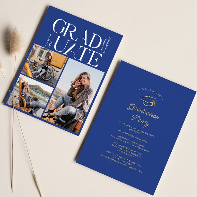 Examensfoto Collage Blå 2026 Examenfirande Inbjudningar (Graduation Photo Collage 2024 Party Invitation)