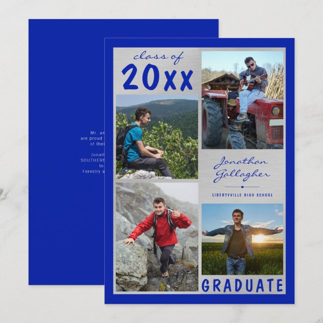 Examensfoto Collage Skript Namn Blå Silver Meddelande (Fram/baksida)