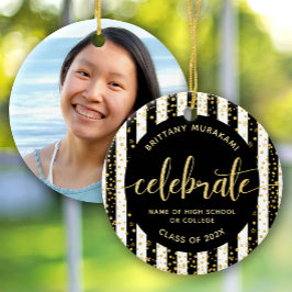 Examensfoto svart guld glitter script souvenir ele julgransprydnad keramik