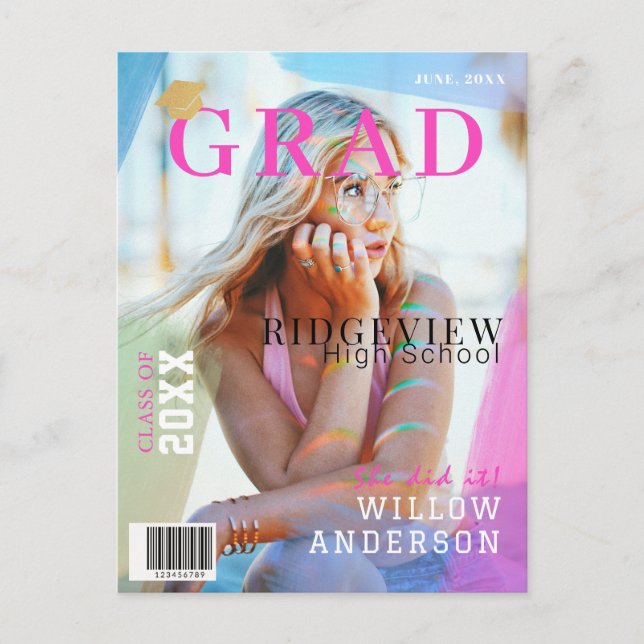 Examensmagasin Neon Rosa Foto Examen Meddelande Vykort (Framsida)