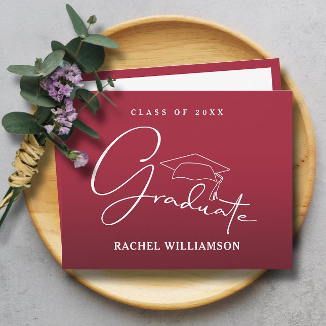 Examensmanus Grönt Rött Tack Anteckningskort (Graduate Script Crimson Red Flat Thank You Note Cards,  write or print your message on the back)