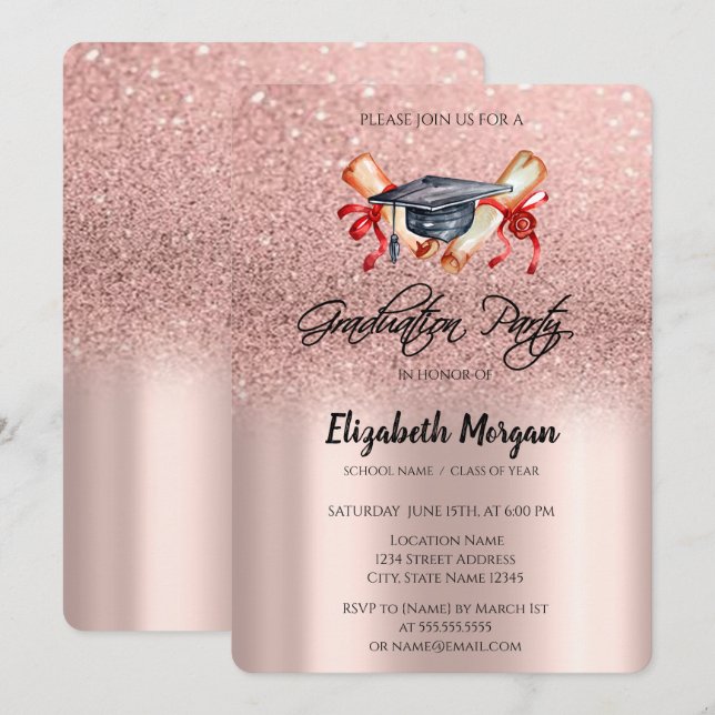 Examensmössa Diplom Rosa Guld Glitter Examen  Inbjudningar (Fram/baksida)