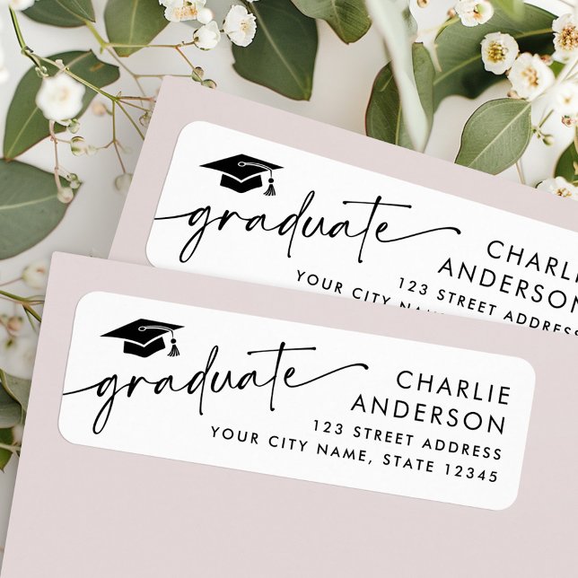 Examensmössa vit returadress etikett (Graduate graduation cap white return address label)
