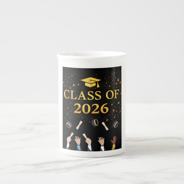 Examensmössdesign för klassen 2026 | Elegant svart Benporslin Mugg (Framsidan)