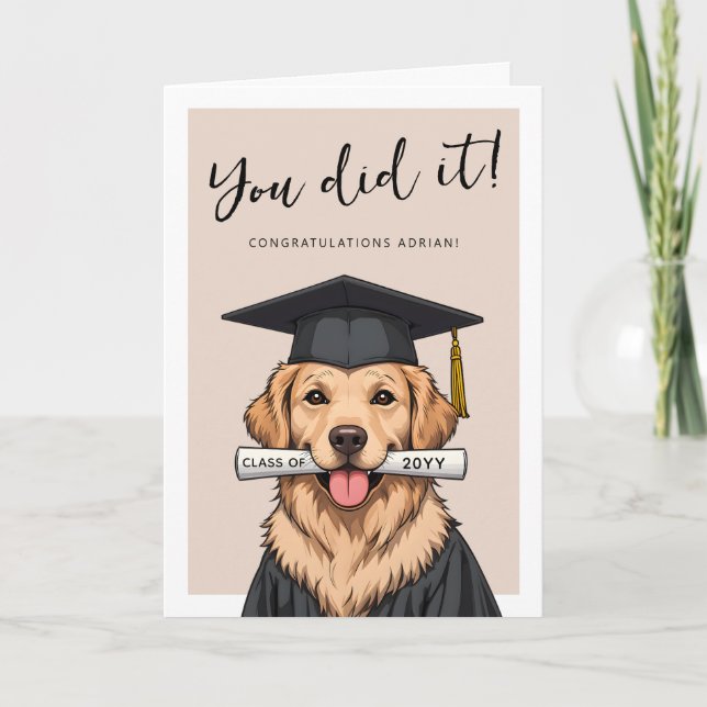 Examenspresent Söt Golden Retriever Anpassad Foto Kort (Framsida)