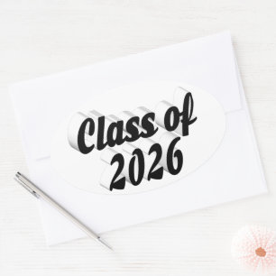 Examenspresenter för årskull 2026 i svart text ovalt klistermärke