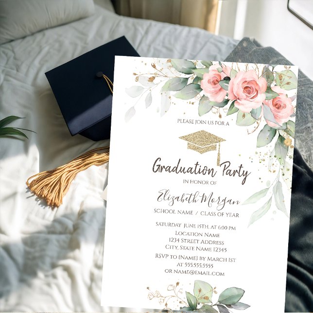 Examenstårtor, rosafärgade blommor examensfirande  inbjudningar (Skapare uppladdad)
