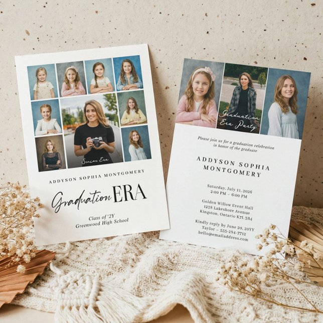 Examenstid Då & Nu Grad Fotokollage Fest Inbjudningar (Graduation Era Then & Now Grad Photo Collage Party Invitation)