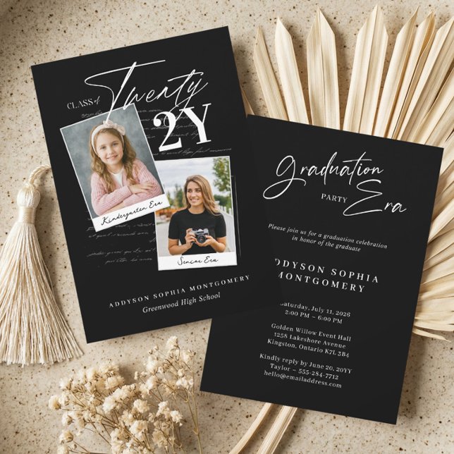 Examenstid Modern Retro Då & Nu Examen Foto Inbjudningar (Graduation Eras Modern Retro Then & Now Grad Photo Invitation)