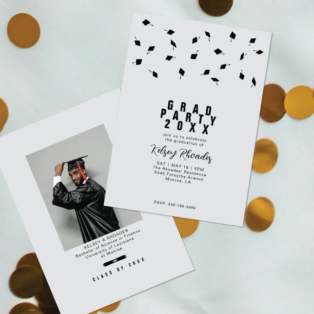 Examenstoshuvuddukskast Silver & Svart Studentfest Inbjudningar (Skapare uppladdad)