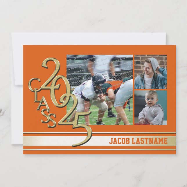 Examenstripp Tri Foto Guld Examen Invitation Inbjudningar (Framsida)