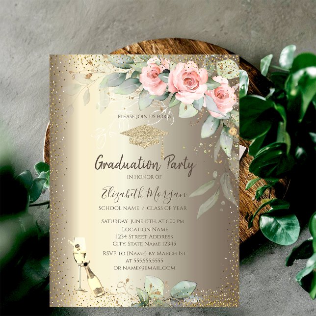 Examenströja, Vin Glas, Boho Blommor Examen Inbjudningar (Skapare uppladdad)