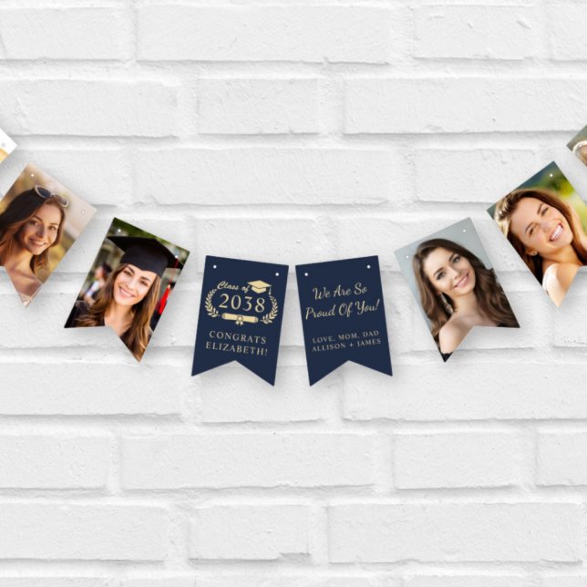 Examinationsfirande Blå Guld Foto Vimplar (Graduation Party Blue Gold Photo Bunting Flags)