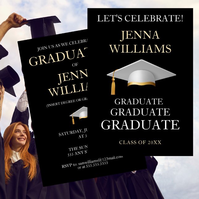Examinationsfirande Fest Gul och Vit Inbjudningar (Graduate Celebration Party Gold and White Invitation)