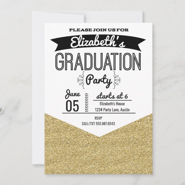 Examinationsfirande inbjudan guld glitter och svar (Framsida)