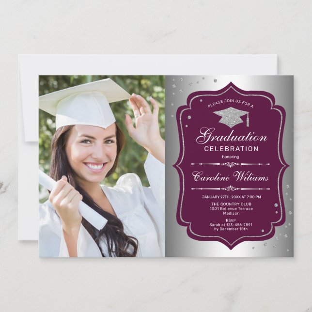 Examinationsfirande Med Foto - Silver Burgunder Inbjudningar (Framsida)