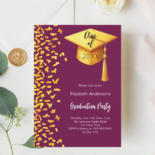 Examinationsfirande party burgunder guld konfetti inbjudningar