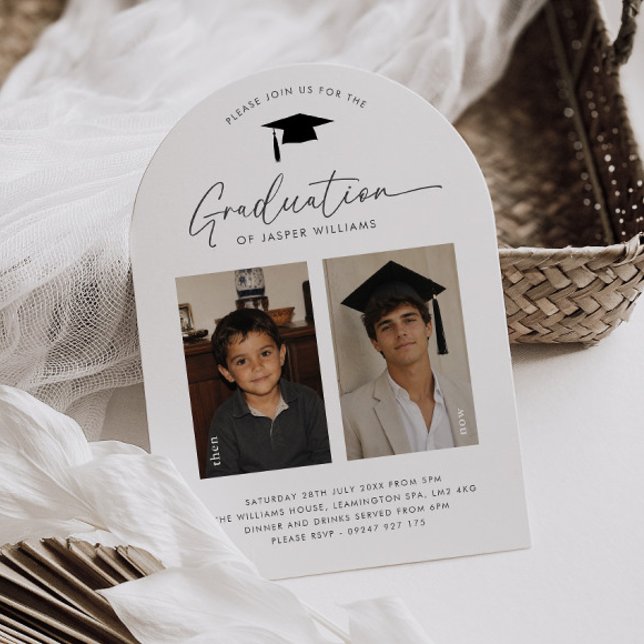 Examinationsfirande Pojke 2 Foto Då och Nu Inbjudningar (Arched Zazzle Graduation Party Then and Now Boy 2 Photo Invitation)