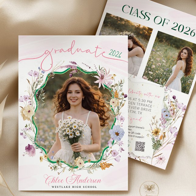 Examinationsfirande QR-kod Vildblomma Inbjudningar (graduation invitation, qr code invite, wildflower invitation, boho graduation, floral invite, gradua)