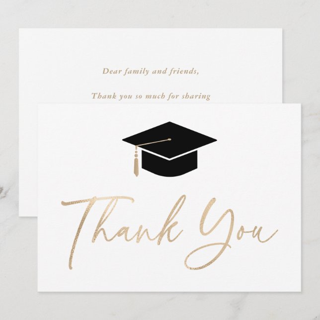 Examinationskåpa vippa guld modern skrift tack kort (Fram/baksida)
