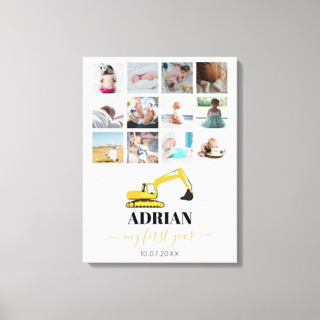 Exavator Lastbil Baby, första årets fotokollage Canvastryck (Framsida)