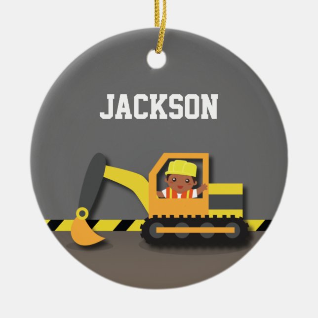 Excavator Construction African American Boy Julgransprydnad Keramik (Framsidan)