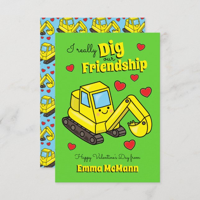 Excavator Construction Digger Classroom Valentine Tack Kort (Fram/baksida)