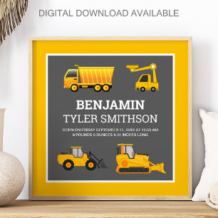 Excavator Dumper Lastbil Konstruktion Baby Födelse Poster