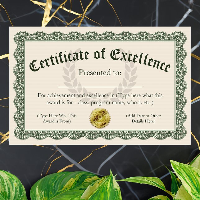 Excellenscertifikat, Anpassade Award (customizable certificate of excellence)