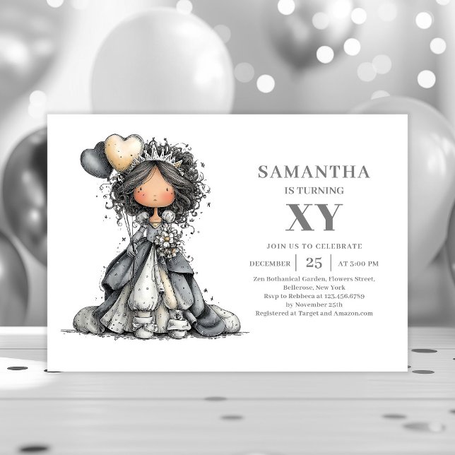 Excentrisk Chic Flickas Födelsedag Skiss Svart Gul Inbjudningar (Quirky Chic Girl Birthday Sketch Black Gold invitation)