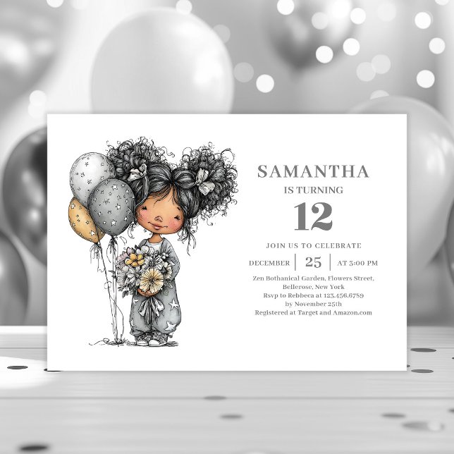 Excentrisk fantasifull flicka 10-års födelsedagsin inbjudningar (Quirky Whimsy Girl 10th Birthday Black Gold invitation)