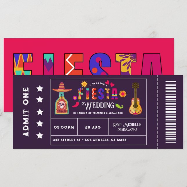 Excentrisk mexikansk fiesta biljett-stil bröllop inbjudningar (Fram/baksida)
