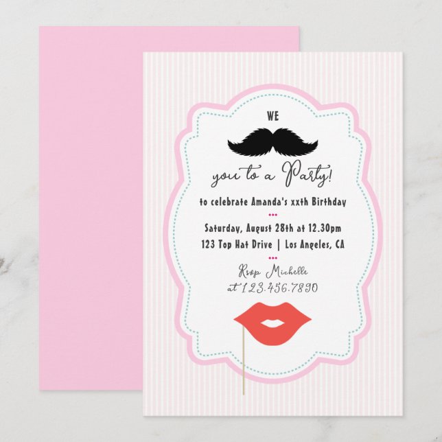 Excentrisk Rosa Retro Moustache Festinladning Inbjudningar (Fram/baksida)