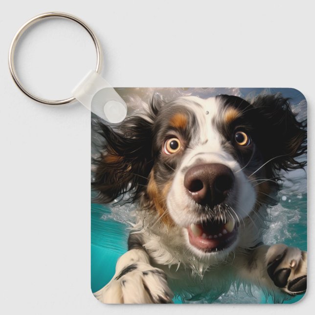 Exceptionell Hund Swimming Underwater Design Nyckelring (Framsida)