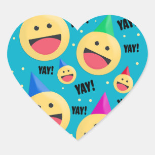 Exceptionellt Lycklig YAY Emojis i Party Hats Helg Hjärtformat Klistermärke
