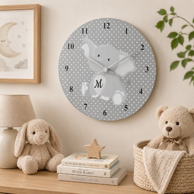 Exceptionerande Monogram Elephant Polka dots Stor Klocka (Skapare uppladdad)