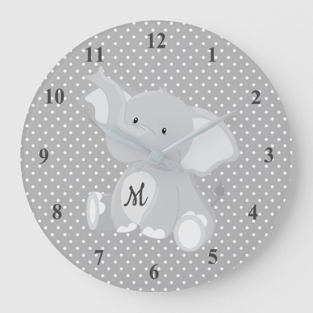 Exceptionerande Monogram Elephant Polka dots Stor Klocka (Framsida)