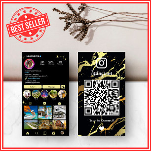 Executive Black & Gold Marble Agate Instagram QR Visitkort