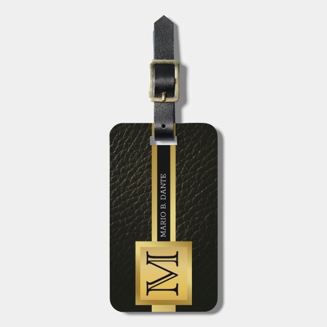 Executive Black Leather & Guld Metall monogrammat Bagagebricka (Vertikal Framsida)