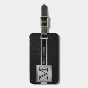 Executive Black Leather & Silver Metall monogramma Bagagebricka
