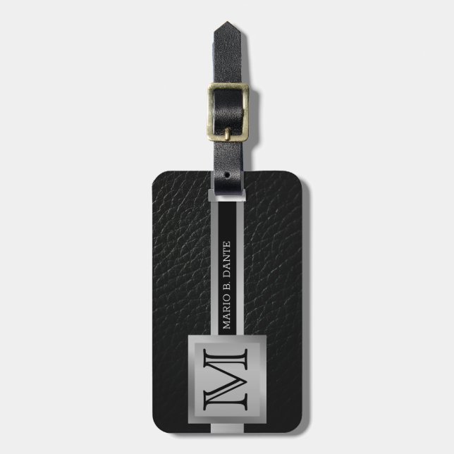 Executive Black Leather & Silver Metall monogramma Bagagebricka (Vertikal Framsida)